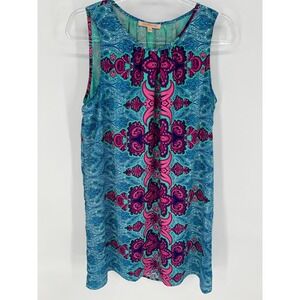 GIBSON LATIMER Mini Shift Dress Medium Teal Pink Paisley Sleeveless Lined Summer